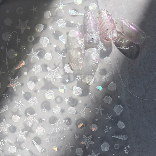 화이트 홀로그램 여름 바다 조개&amp;불가사리 네일스티커 MS566